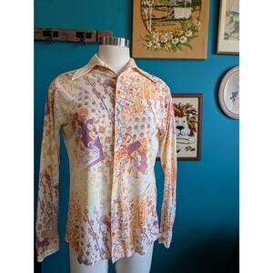 Vintage 70s Dagger Collar Novelty Print Shirt with Victorian Print L